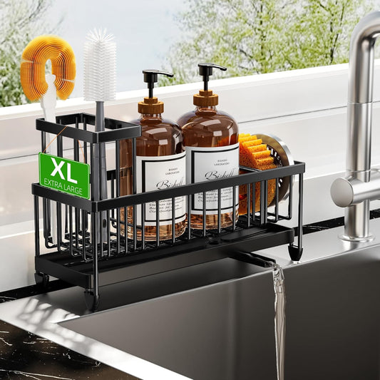 Cisily Extra Large Black Sponge Holder for Kitchen Sink, Sink Caddy Organizer with High Brush Holder, Kitchen Countertop Organizers and Storage Essentials, Rustproof 304 Stainless Steel