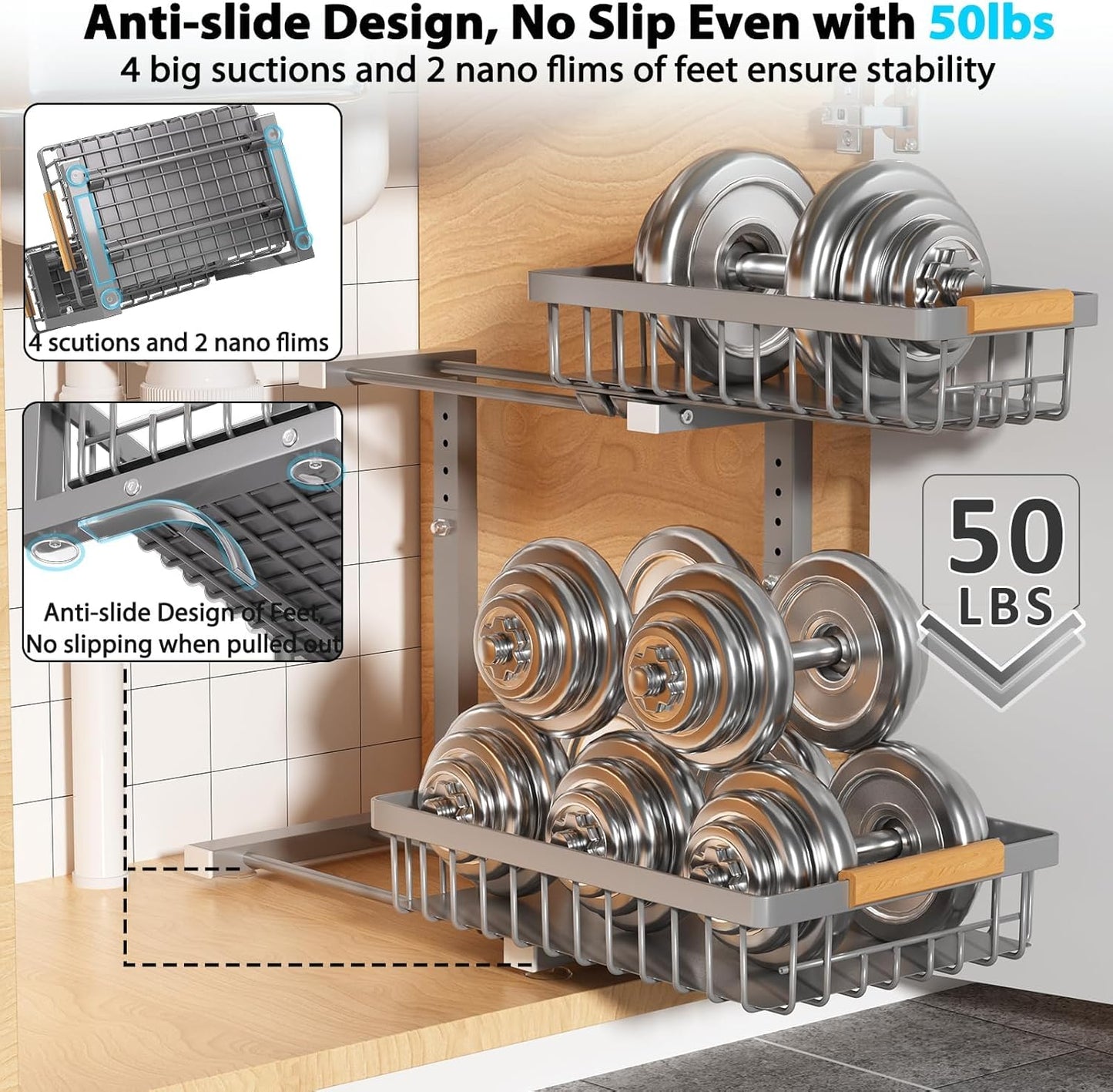 Under Sink Organizer Storage 2 Pack, 2 Tier Slide Out Height Adjustable Pull Out Cabinet Organizer Drawer for Kitchen Bathroom Large Under Sink Shelf Rack Caddy for Pantry, Grey