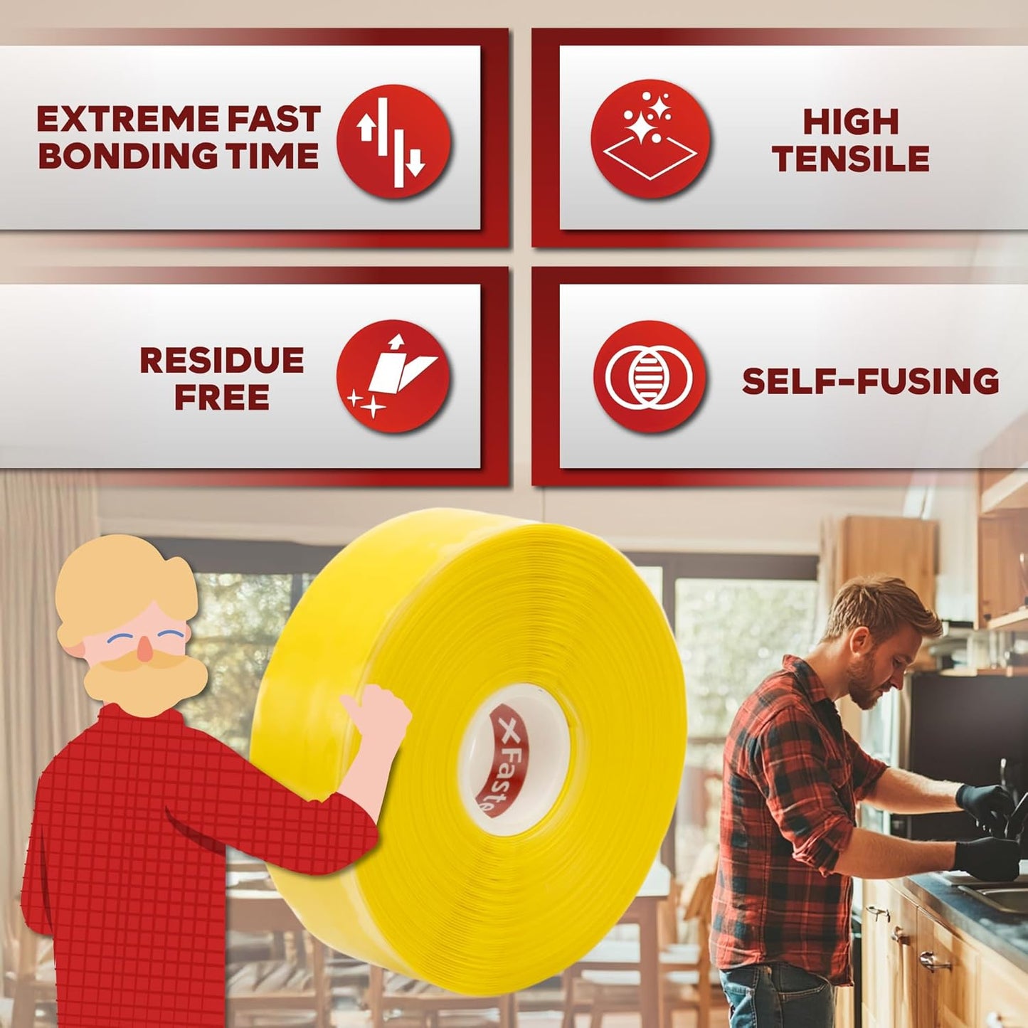 XFasten Self Fusing Silicone Tape Waterproof – 1" x 36 Feet Yellow, Self Amalgamating Tape, Silicone Rubber for Plumbing, Sealing Pipes, Hose Repair, Outdoor Coax and Electrical Cables – Weatherproof