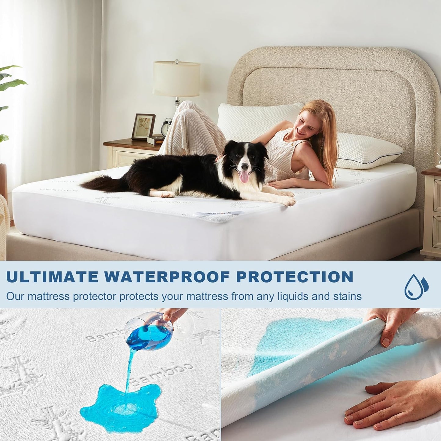 Waterproof King Size Mattress Protector, Mattress Pad Fitted 6"-18" Deep Pocket, 3D Air Fabric Bed Mattress Cover Noiseless Washable for Bedroom, Hotel