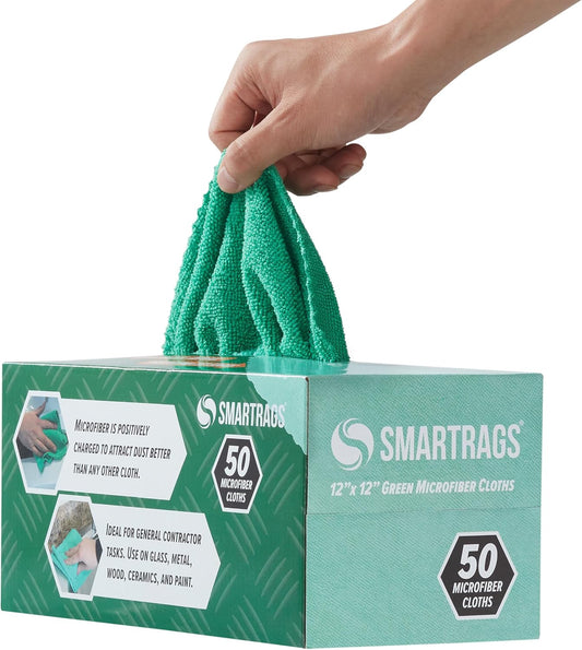 Arkwright Smart Rags in Box - (Pack of 50) Lint Free Microfiber Cleaning Cloth, Scratch & Streak-Free, Dispensable Wash Towels for Cars, Window Glass, and Auto Shop, 12 x 12 in, Green