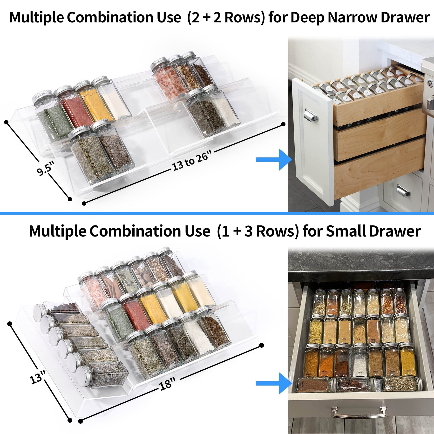 MIUKAA Clear Acrylic Spice Drawer Organizer, 4 Tier- 2 Set Expandable From 13" to 26" Drawer