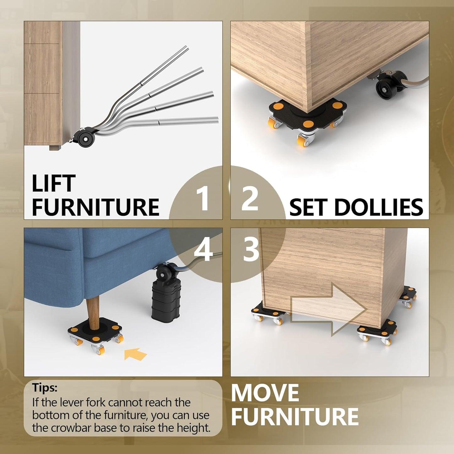 ONEON Furniture Mover Pro Set - Enhanced Dolly and Lifter with Custom TPE Wheels for Easy Furniture Lifting and Moving - Professional Tool for Effortless Furniture Transport (Black 4Dollies + 1Lifter)