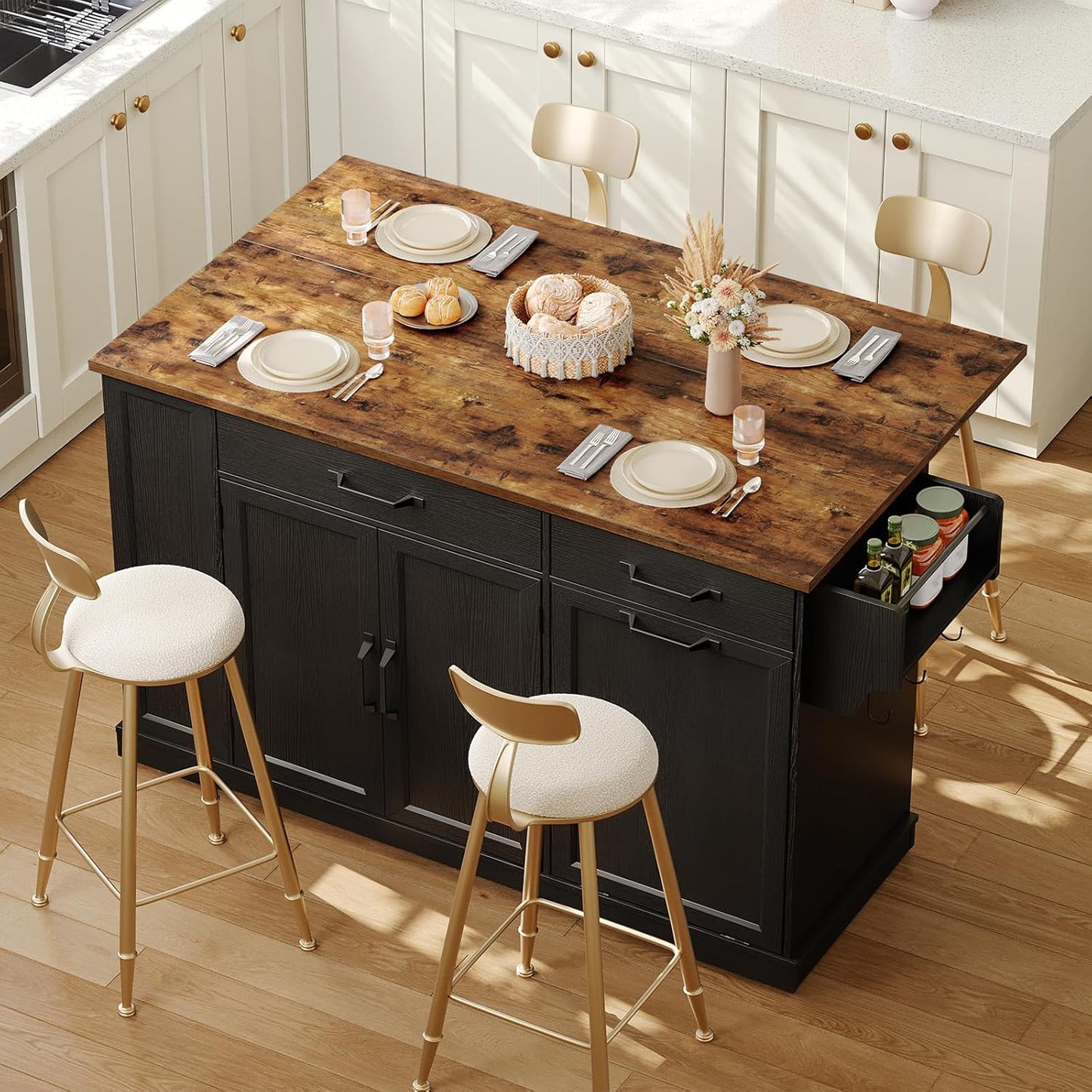 Kitchen Island with Power Outlet & Drop Leaf, Rolling Storage Cart with Trash Storage Cabinet, Farmhouse Mobile Island Table for Kitchen, Dining Room, Hidden Casters, Black and Rustic Brown