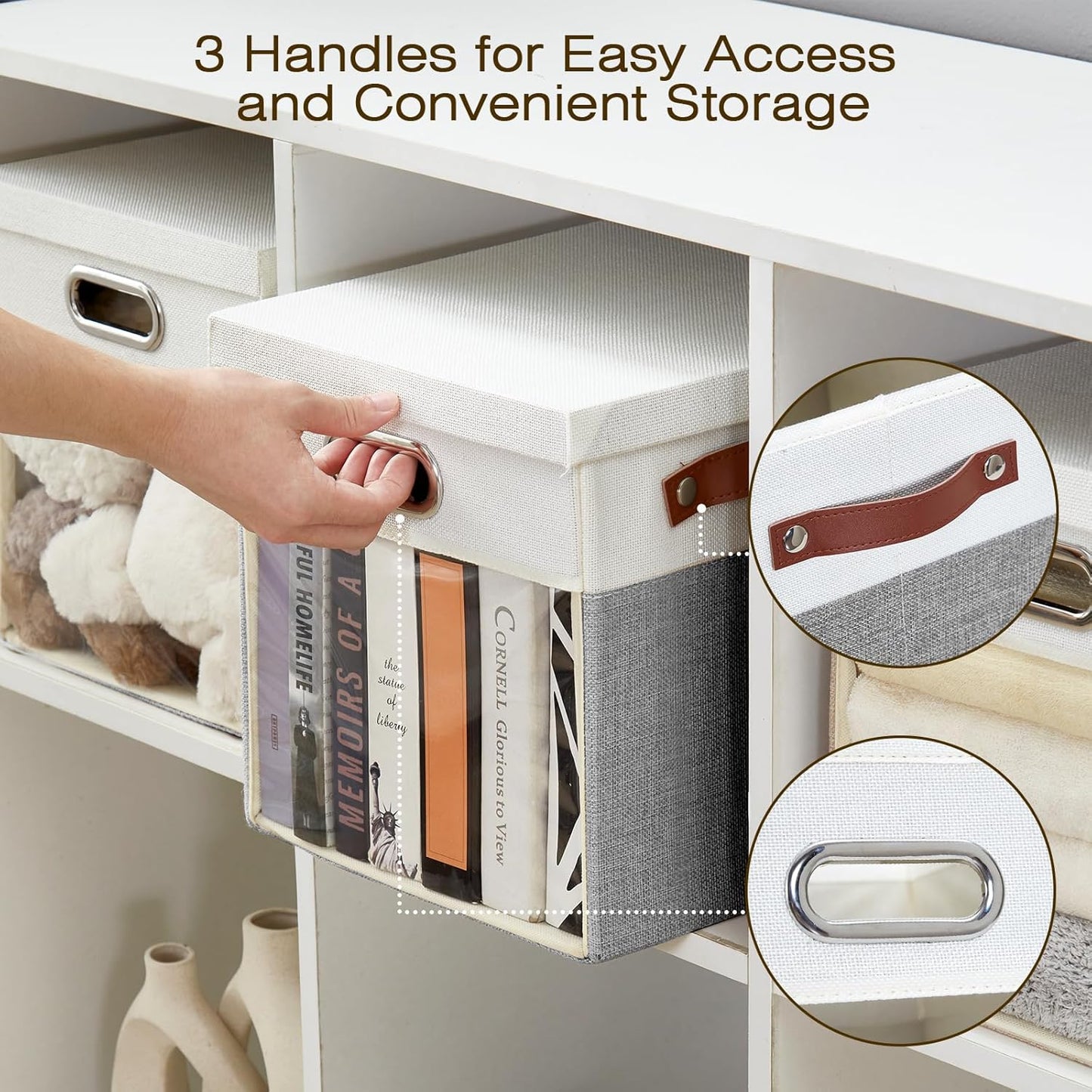 Fabric Storage Cubes with Clear Windows and Lids, 11'' Foldable Storage Bins with 3 Handles, Decorative Storage Boxes for Home, Bedroom, Closet, Office (Gray & White)