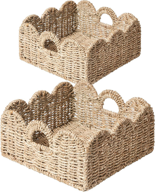 Scalloped Basket 2 Pack Wicker & Rattan Storage with Built-in Handles, Decorative Woven Seagrass Basket for Nursery & Bathroom Organization