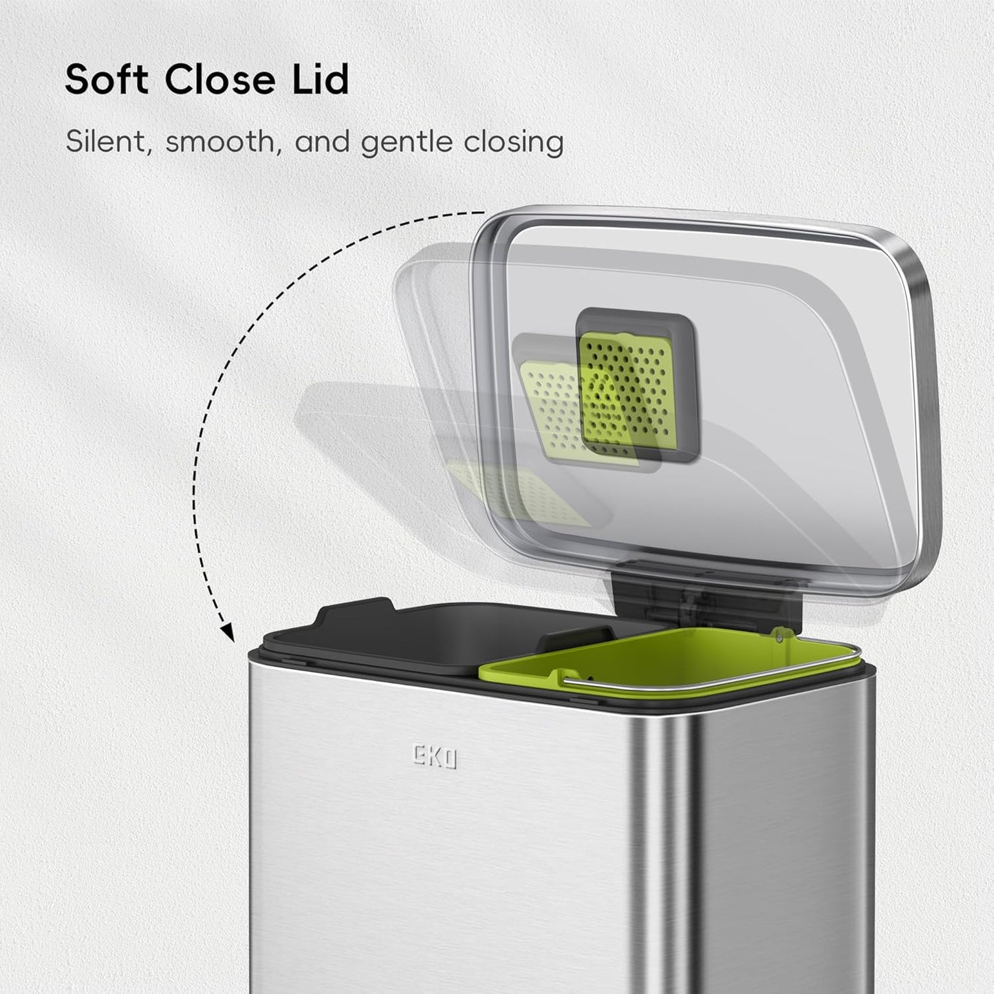 EKO Madison Brushed Stainless 25L+20L Dual Compartment Step Trash Can with Inner Liner, Recycling Bin, Soft-Close Lid, Fingerprint-Resistant Finish, and Durable Stainless Steel for Home and Office