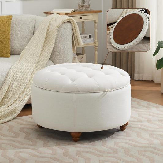 30Inch Round Storage Ottoman with Tray, Modern Tufted Fabric Circle Coffee Table with Storage
