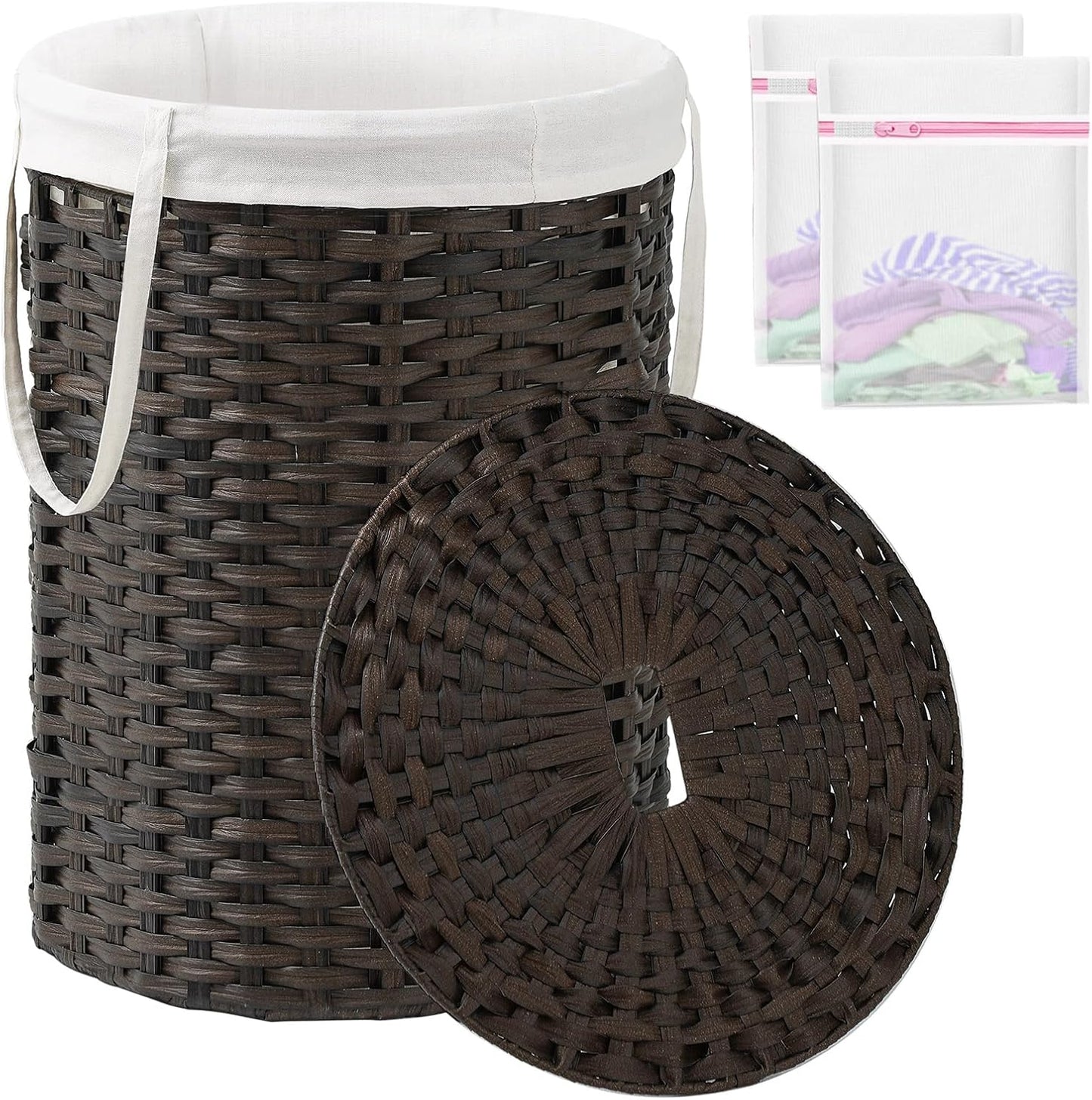 Laundry Basket with Lid Round Rattan Laundry Hamper with Lid and Handles 29.1 Gal (110 L) Handwoven Woven Basket with Removable Bags and 2 Mesh Bags for Bathroom Living Room Brown