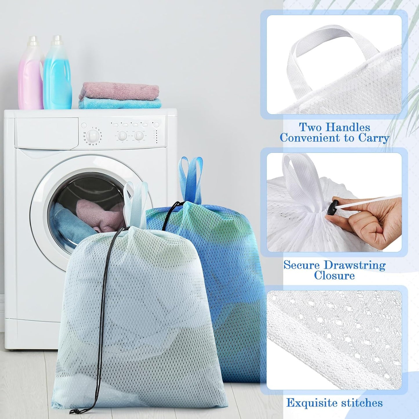 6 Pack 20 x 17 Inches Blue Mesh Laundry Bag with Handles Machine Washable Secure Drawstring Closure Large Sturdy Mesh Net Laundry for College Travel Dorm Laundromat