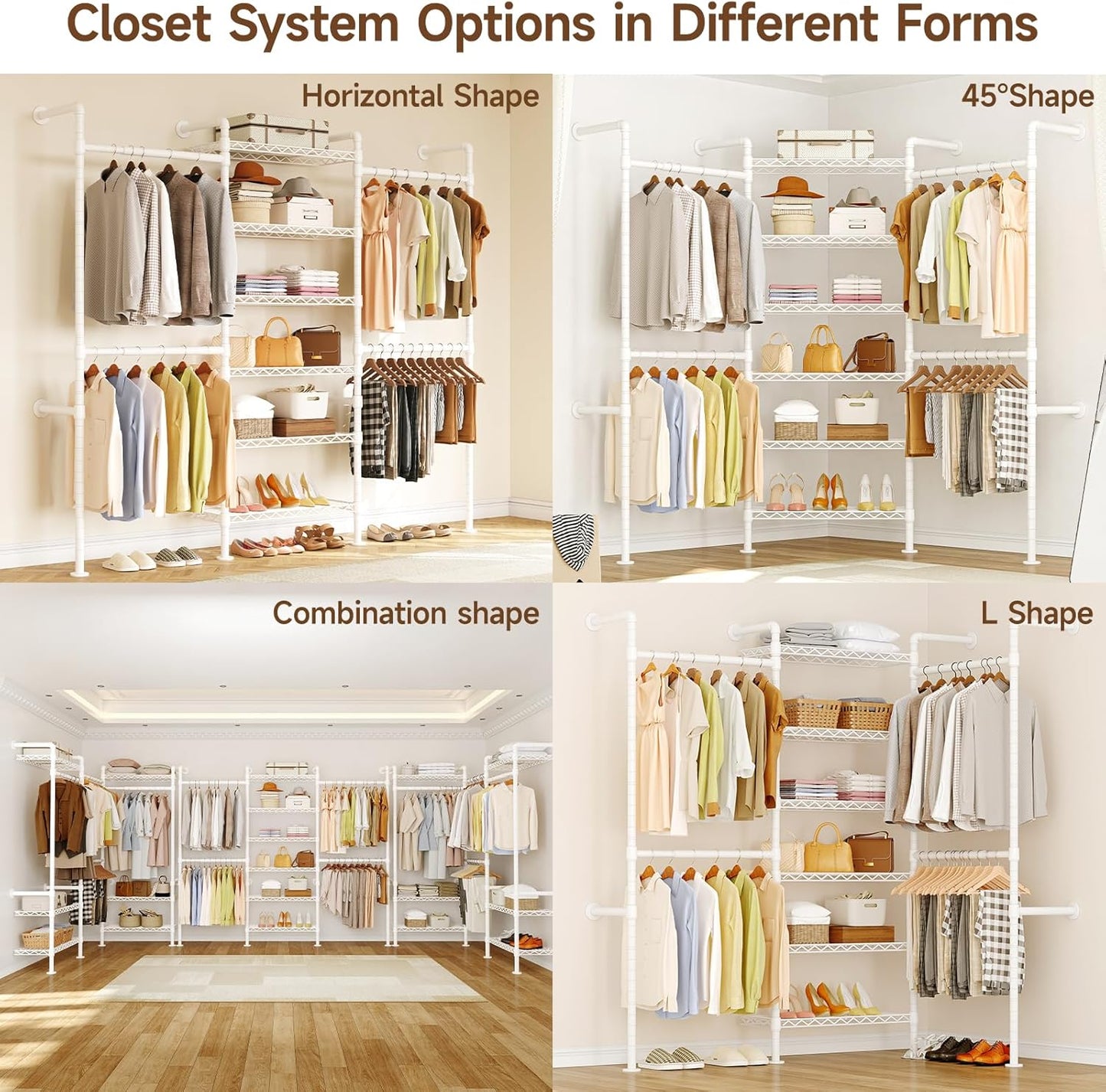 ONBRILL H3 Wall Mounted Closet System, Expandable Industrial Pipe Clothes Rack Clothing Rack for Hanging Clothes, Heavy Duty Closet Organizers and Storage in Wardrobe Closet, White