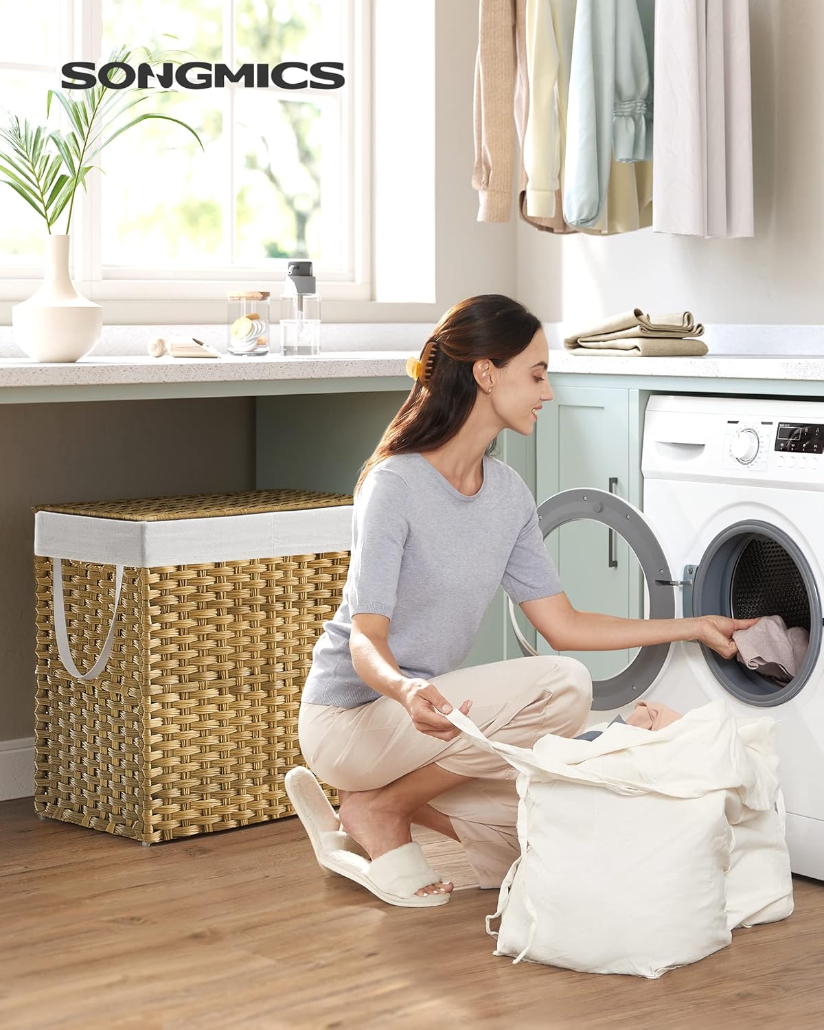 SONGMICS Laundry Hamper with Lid, 130L Clothes Hamper with 2 Removable Liner Bags, 6 Mesh Bags, Wicker Laundry Basket, Double Laundry Hamper for Bathroom, 13 x 26 x 23.6 Inches, Natural ULCB253N01