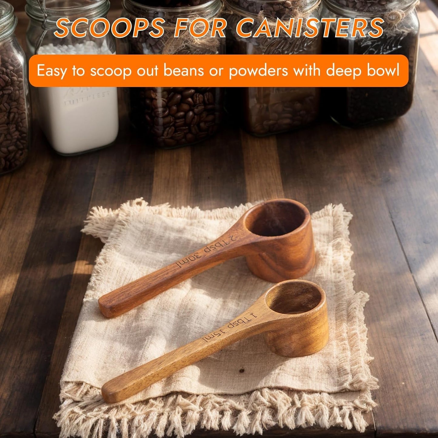 Wooden Coffee Scoop Wooden Measuring Spoons, 5.5 Inch Measuring Scoop Wooden Scoops forJars Containers, Sugar, Pantry Canisters, Laundry Detergent(1 Tbsp+2 Tbsp)