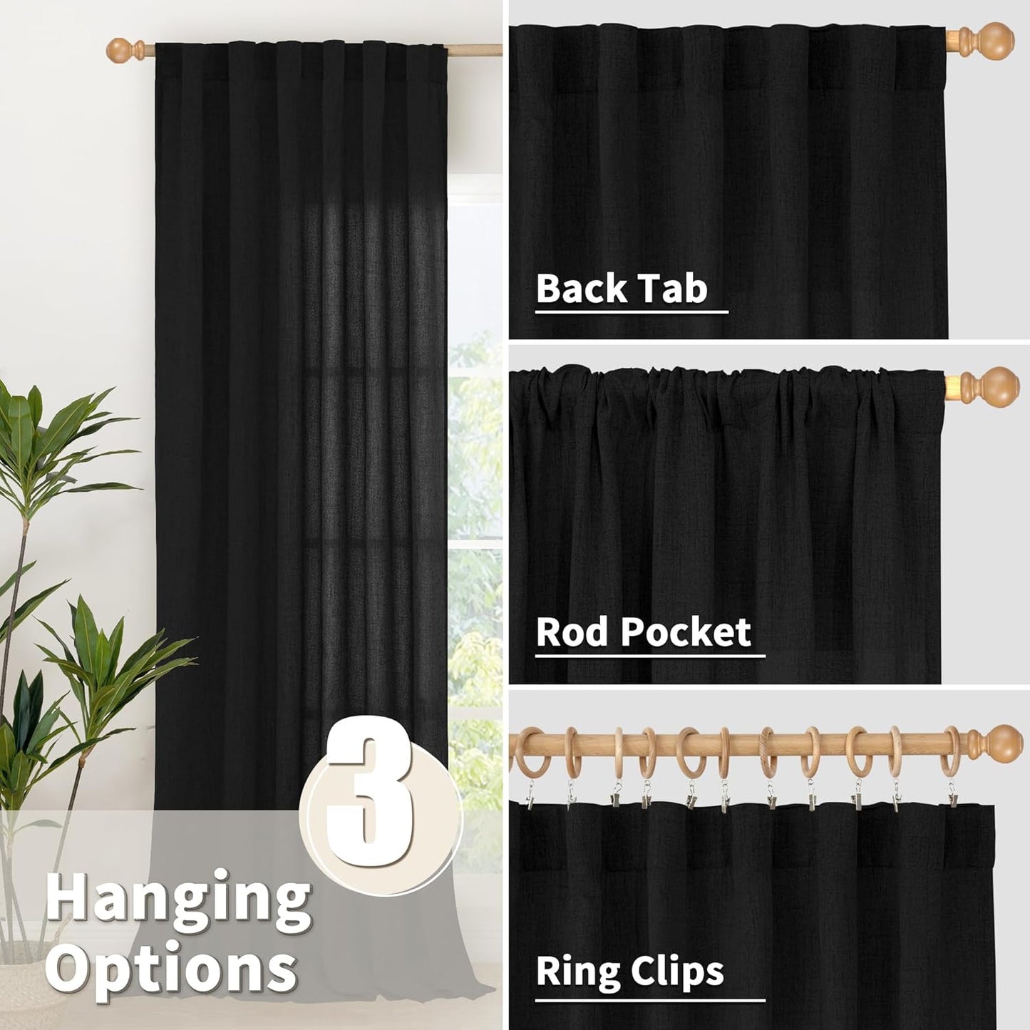 YoungsTex Black Linen Curtains 36 Inch Long for Kitchen 2 Panels, Light Filtering SemI Sheer Drapes Short Length with Back Tab Rod Pocket for Bathroom Cafe Gothic Decorative Privacy, 42 X 36 Inch