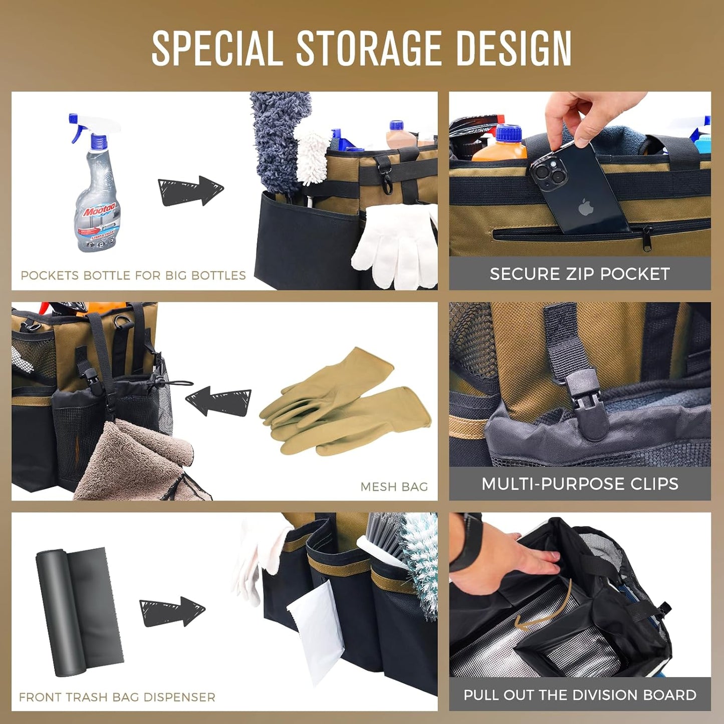 Wearable Cleaning Caddy Organizer with Handle & Shoulder Straps for Housekeepers, Under Sink & Car Cleaning Tool Organizer Bag with 4 Foldable Dividers (Tan)