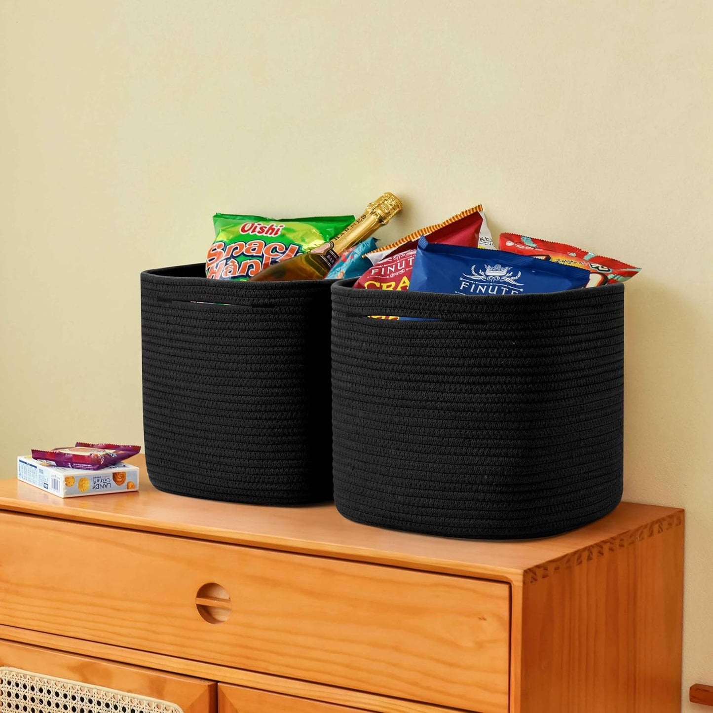 3 Pack Storage Cubes 11 Inch Cotton Rope Woven Baskets for Organizing Cube Bin Square Shelves Organizer,Classroom,Kids Toy Bins,Closet,Baby Nursery(Black)