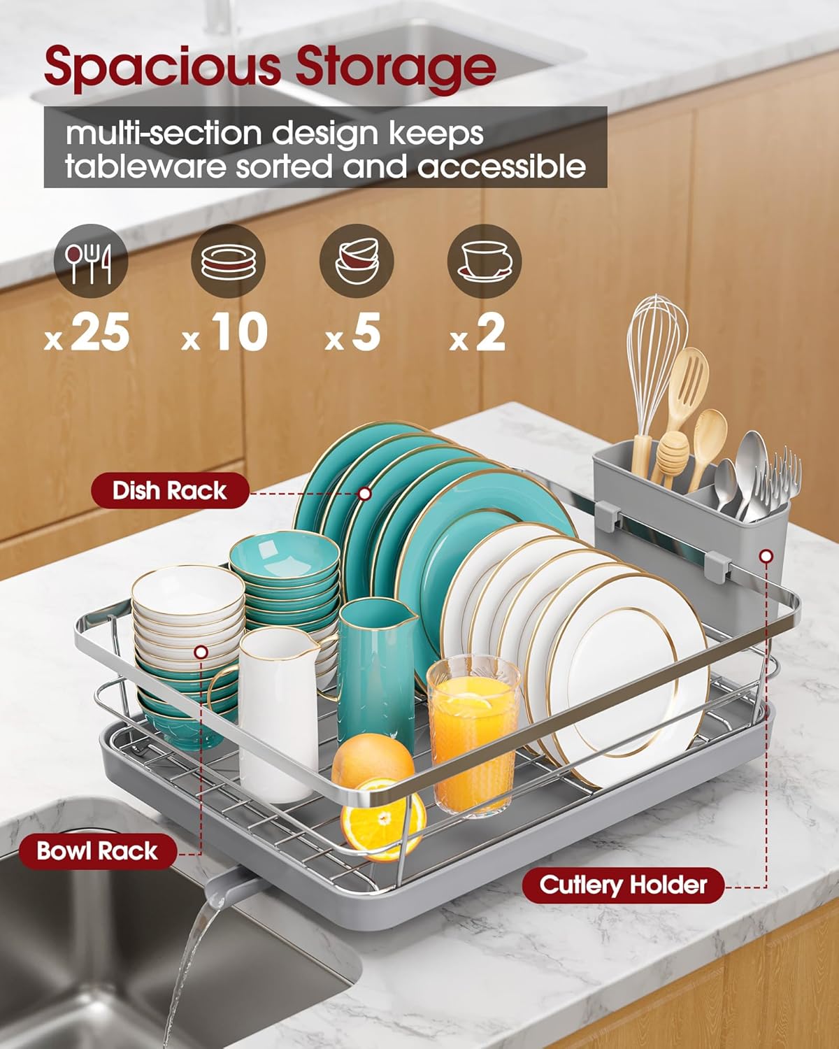 Stainless Steel Dish Drying Rack for Kitchen Counter, Sink Organization and Storage Essentials with Silverware & Utensil Holder, Home and Apartment Decor, 12''W x 15.6''L, Silver