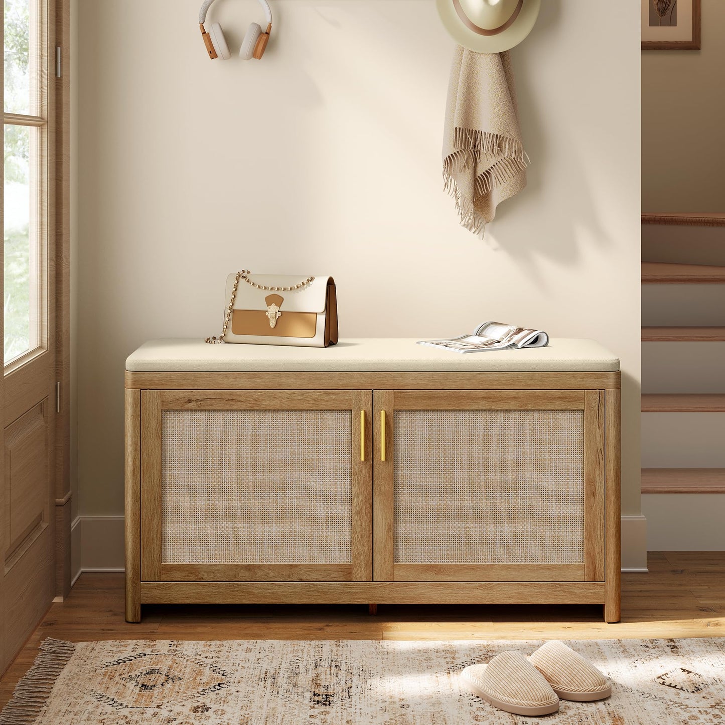VASAGLE ELLAN Collection - Boho Shoe Bench with Cushion, Entryway Storage Bench with 2 Rattan-Look