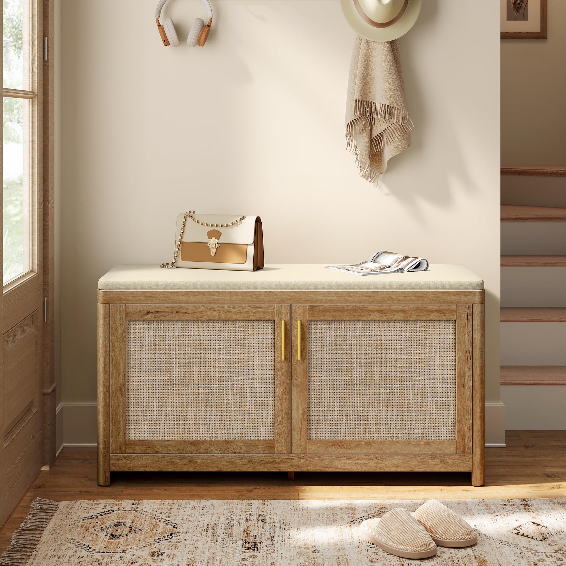 VASAGLE ELLAN Collection - Boho Shoe Bench with Cushion, Entryway Storage Bench with 2 Rattan-Look