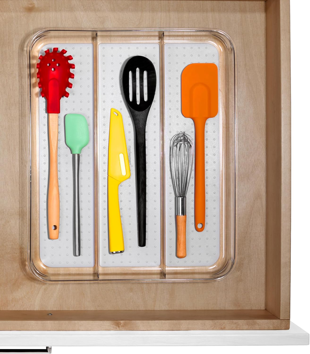 madesmart Utensil Tray - Large | Light Grey | Clear Soft Grip Collection | 3-compartment | Soft-grip Lining | Non-slip Feet | BPA-free