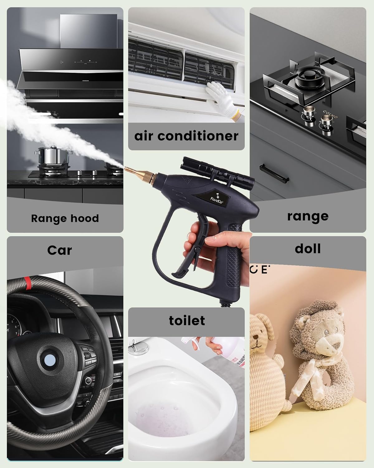 FoundGo 1700W Tankless Handheld Steam Cleaner with 7 Brushes 20s Heating to 239℉ Pressurized Portable Steam Cleaner, Cleaning Home/Kitchen/Car & More-Black