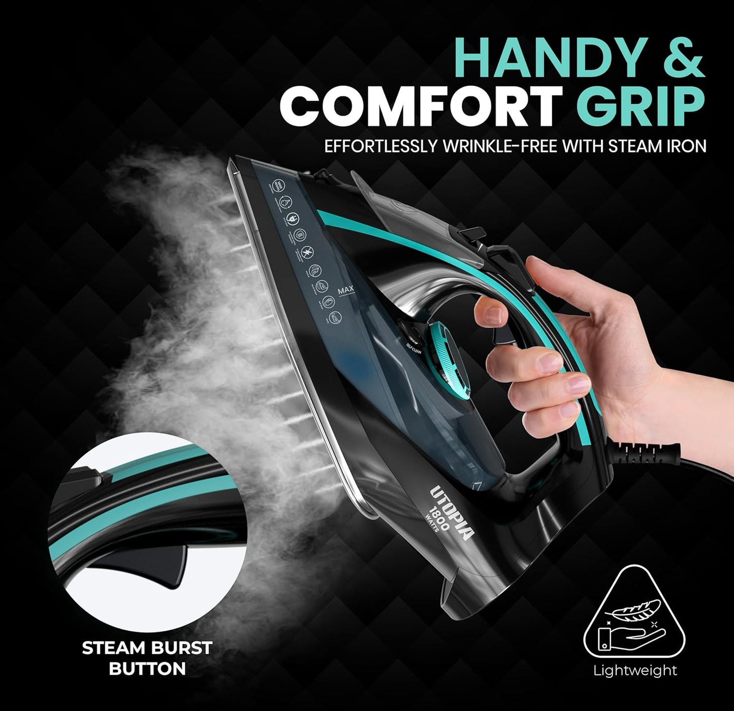 Utopia Home Steam Iron for Clothes - Non-Stick Soleplate - 1800W Clothes Iron With Auto-Off Safety Feature - Adjustable Thermostat Control, Variable Steam Control, Self-Clean, 8 Feet Cord (Black/Teal)