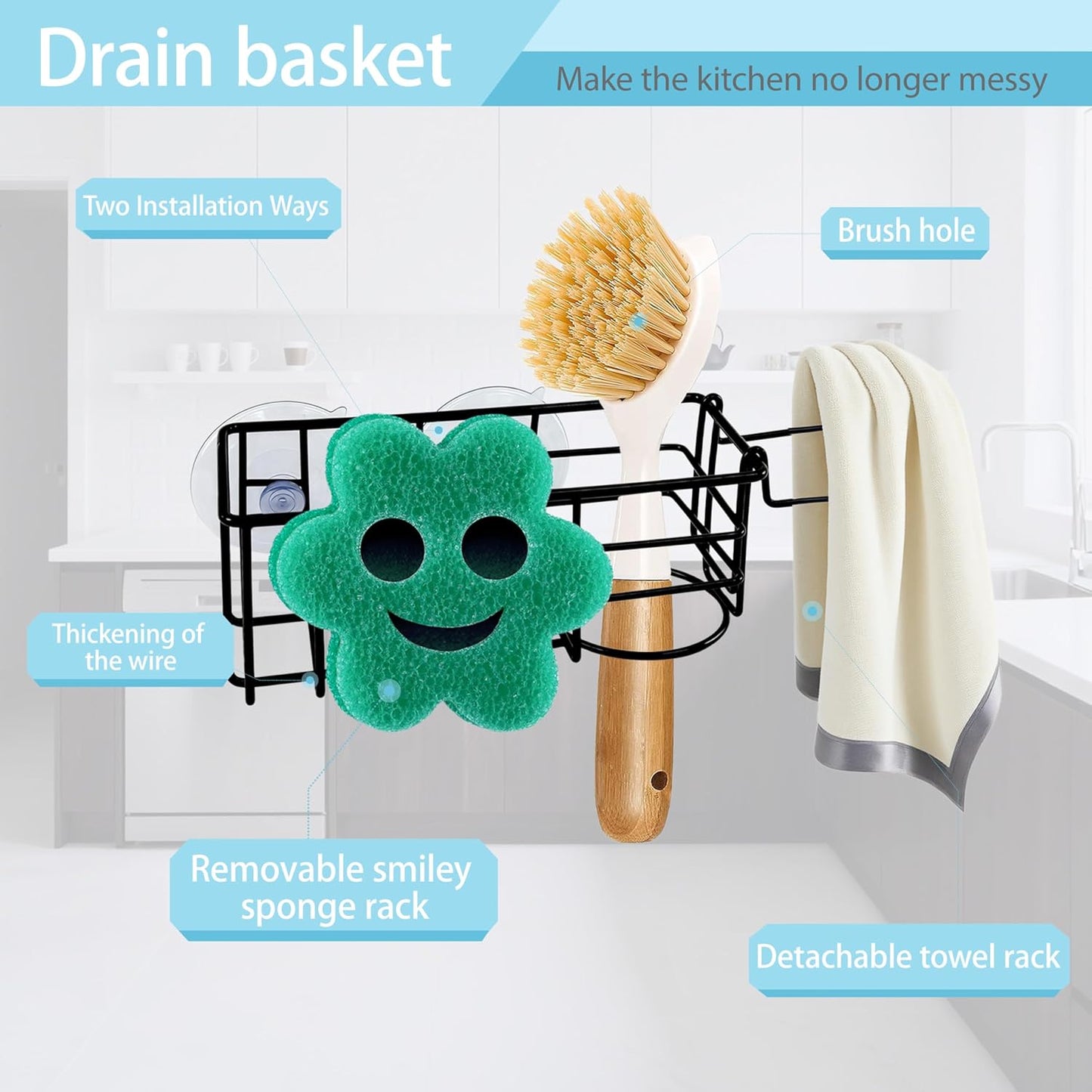 Sponge Holder Smile Face with Dish Cloth Hanger for Kitchen Sink, In-sink Caddy Organizer with Suction Cups & Adhesive Strips, Rustproof Sponge Rack for Soap, Brush, Scrubber - Black（3 Pack）