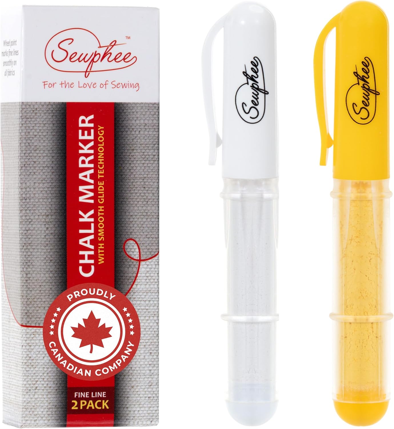 Fabric Markers for Sewing ??Ergonomic Tailors Chalk Pen with Improved Dosing Wheel for Sharp Lines - Washable Sewing Chalk Marking Pens that are Compatible with Most Fabrics - White and Yellow 2 Pack