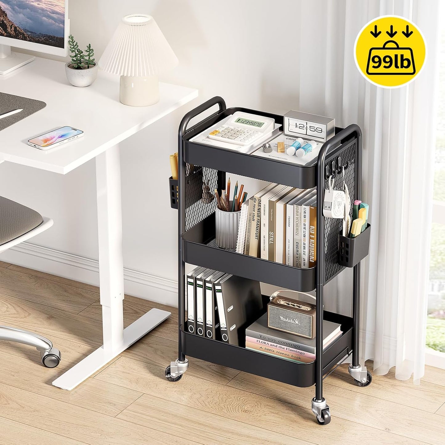 TOOLF 3 Tier Rolling Cart Storage Organizer, Metal Rolling Utility Car with Wheels, Hooks & Bins Esthetician Art Sturdy Storage with Pegboard for Bathroom, Kitchen, Office, Nursery Diaper