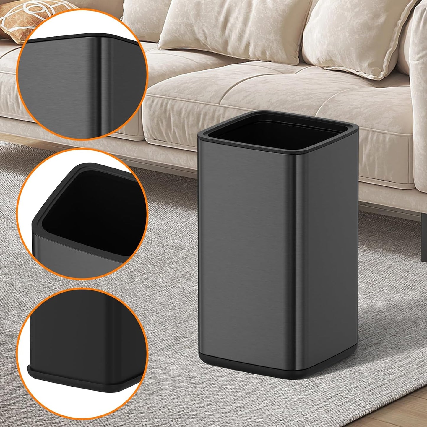 Mbillion 3.2 Gal (12L) Stainless Steel Open - Top Trash Can with Removable Inner Bucket - Sleek Metal Waste Basket for Bathroom Office, Brushed Black