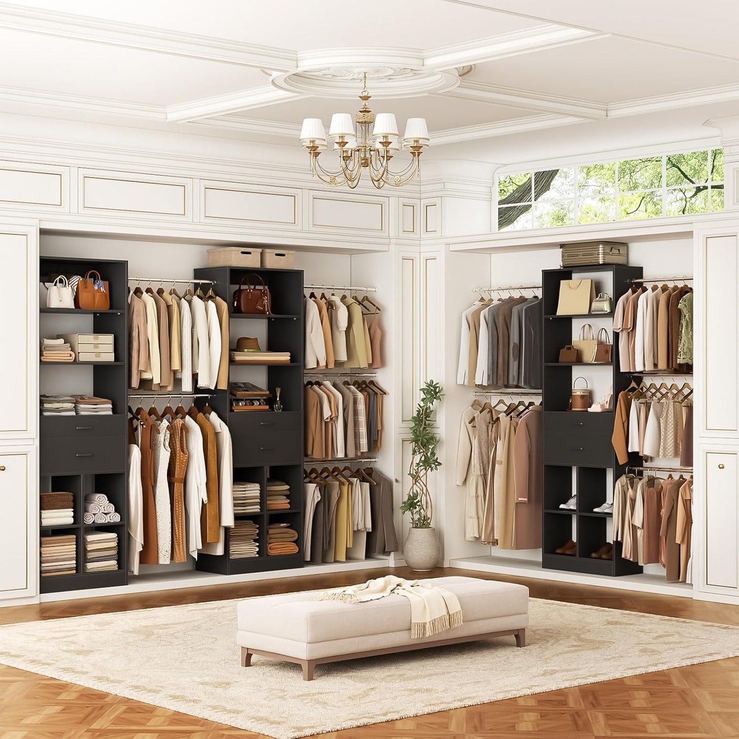 Closet System, 4-8 FT Closet Organizer Tower with 2 Wooden Drawers and Shelves, Can Fit 60 to 96 inch Walk-in Closet System with 5 Hang Rods, Built-in, Black