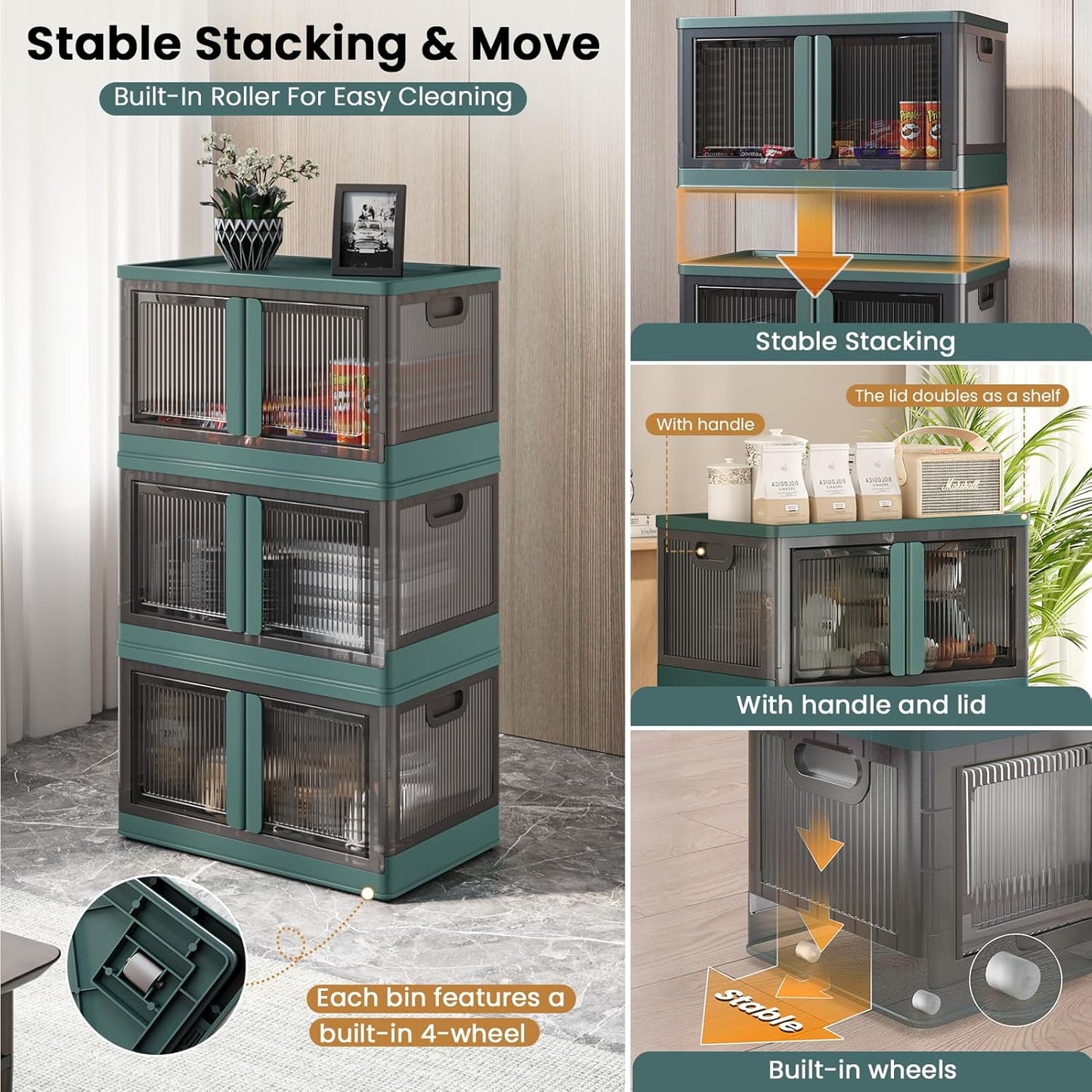 19Gal Collapsible Storage Bins with Lids & Wheels - 1 Pack Stackable with Doors, Heavy-Duty Plastic Containers for Home/Office, Green