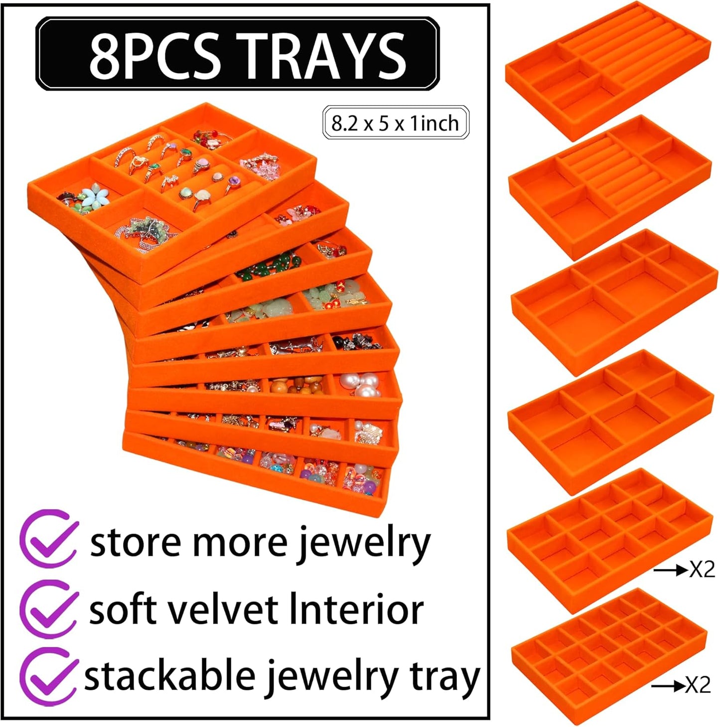 Jewelry Organizer Tray Stackable Velvet Jewelry Trays Drawer Inserts Earring Ring Necklace Organizer Display Case