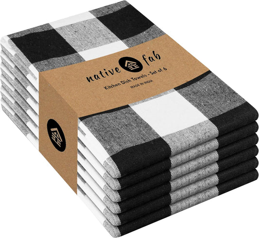 Native Fab 6-Pack Kitchen Towel with Hanging Loop 16x26 inches, Cotton Buffalo Check Kitchen Towels for Cleaning Drying, Washcloths Soft & Absorbent Cloth Rags, Bar Towel, Dish Cloth, Black