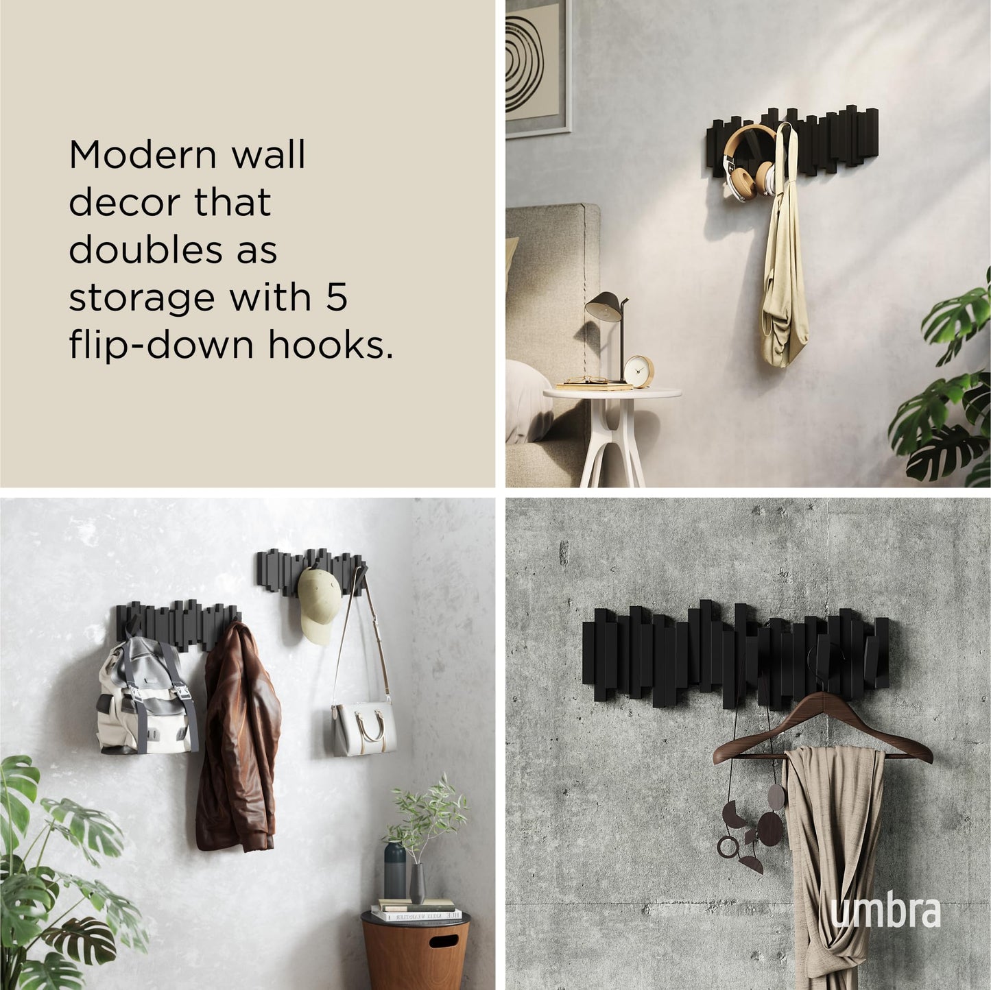 Umbra Sticks Wall Mount Coat Rack, 5 Hook Retractable Pegs, Black