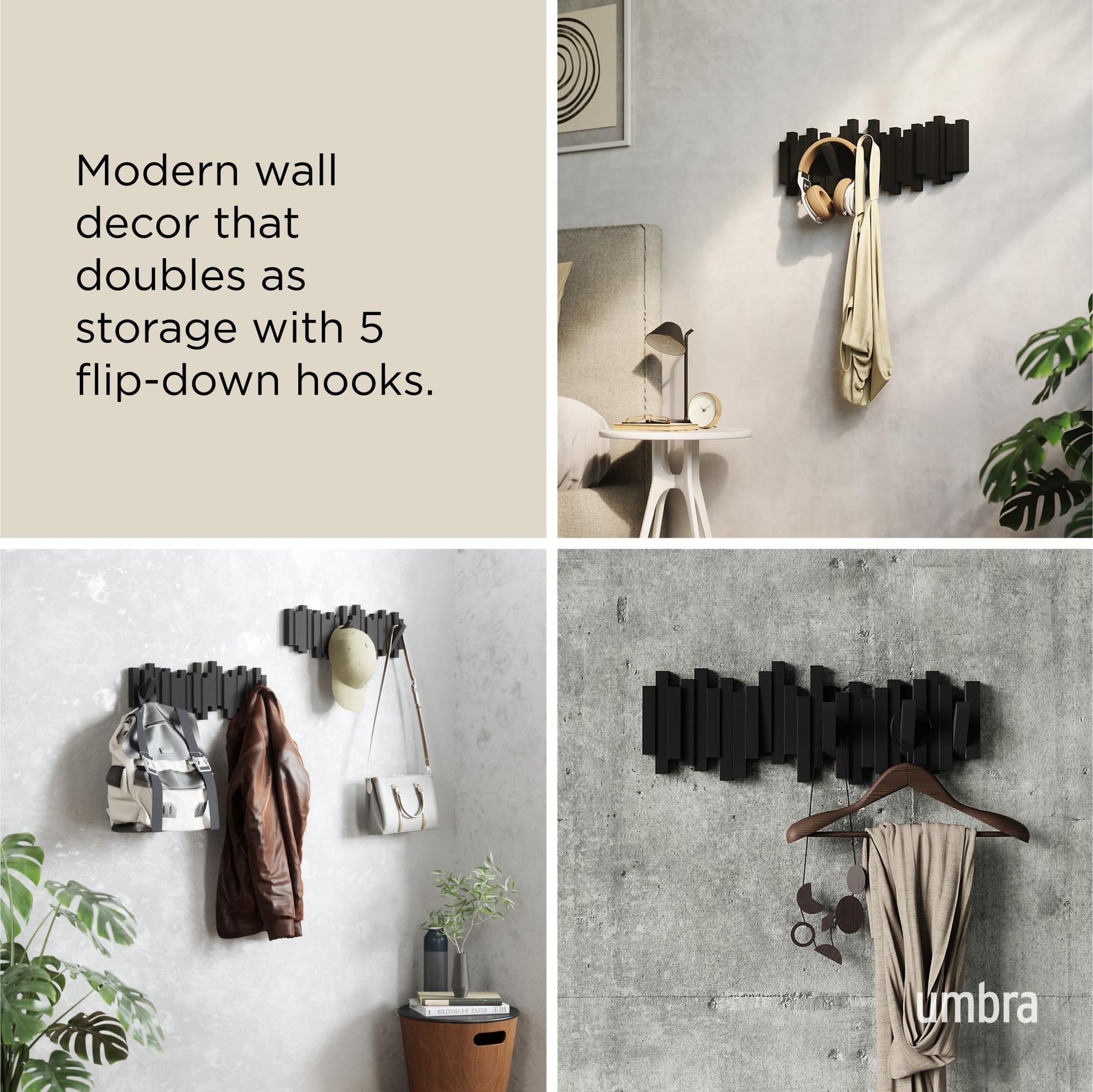 Umbra Sticks Wall Mount Coat Rack, 5 Hook Retractable Pegs, Black