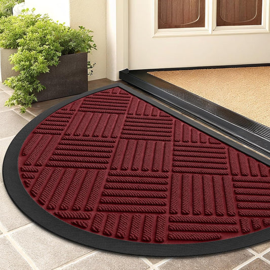 Smiry Half Circle Front Door Mat Outside Entrance,Heavy Duty Outdoor Indoor Natural Rubber Doormat,Non Slip,Trap Dirt and Moisture,Easy Clean,Low Profile Patio Porch Entryway Mat,29.5x17, Wine Red