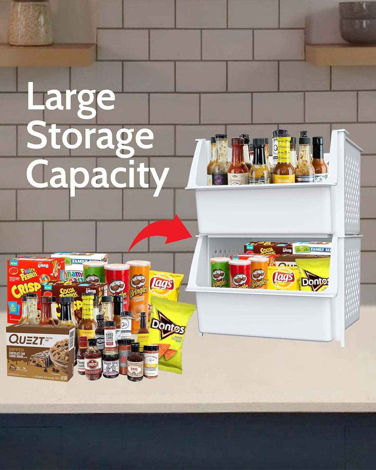 TidyFriend Plastic Stackable Storage Bins for Pantry, 2-Pack Stackable Bins for organizing food, kitchen, and bathroom essentials (White)