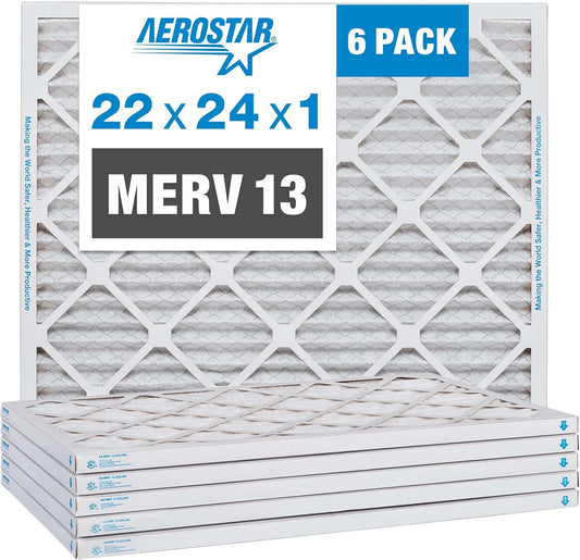 Aerostar 22x24x1 MERV 13 Pleated Air Filter, AC Furnace Air Filter, 6 Pack (Actual Size: 21 7/8" x