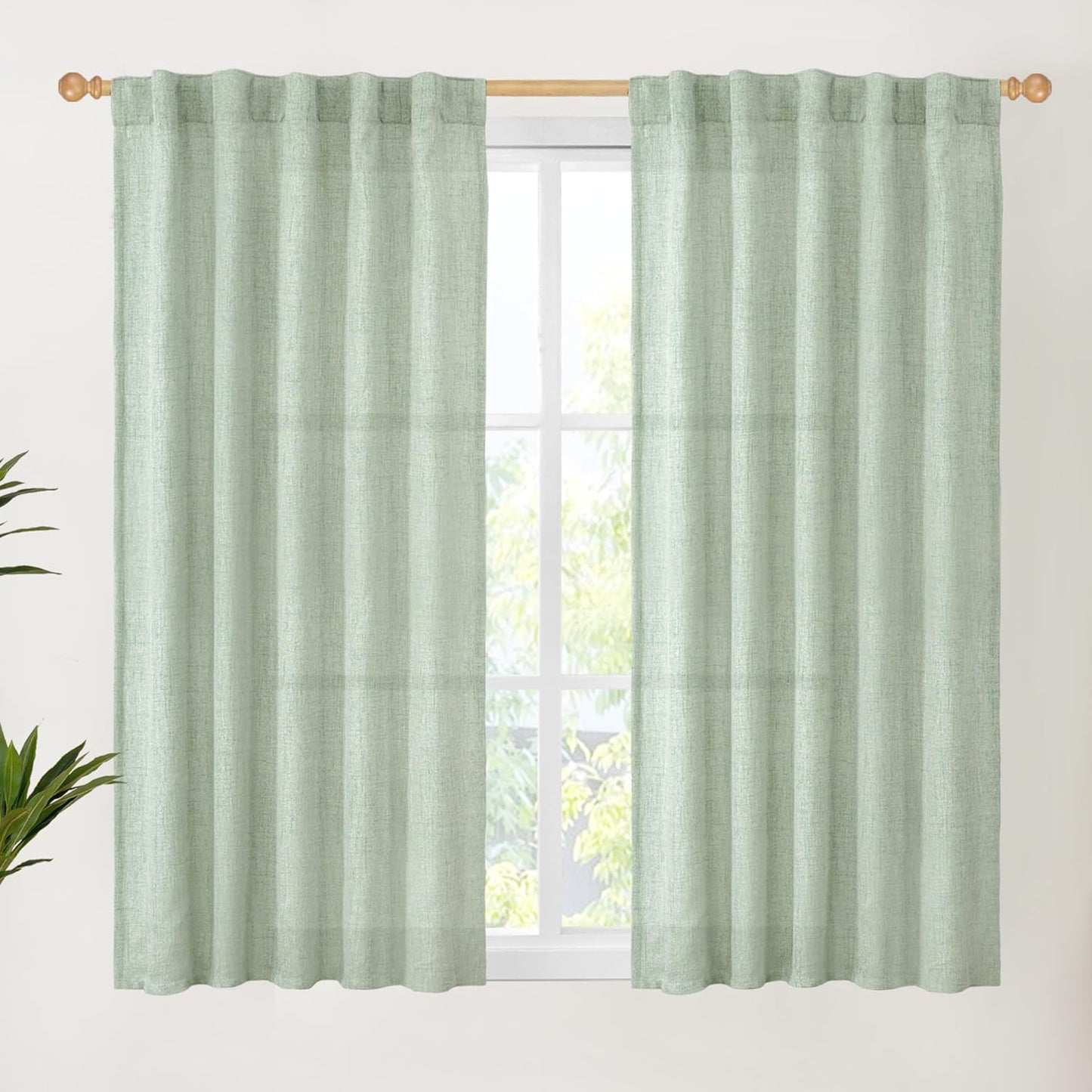 YoungsTex Sage Green Curtains 54 Inch Length for Kitchen, Light Filtering Semi Sheer Linen Window Drapes Rod Pocket Back Tab for Short Living Room Cafe, 2 Panels, 42 X 54 Inch