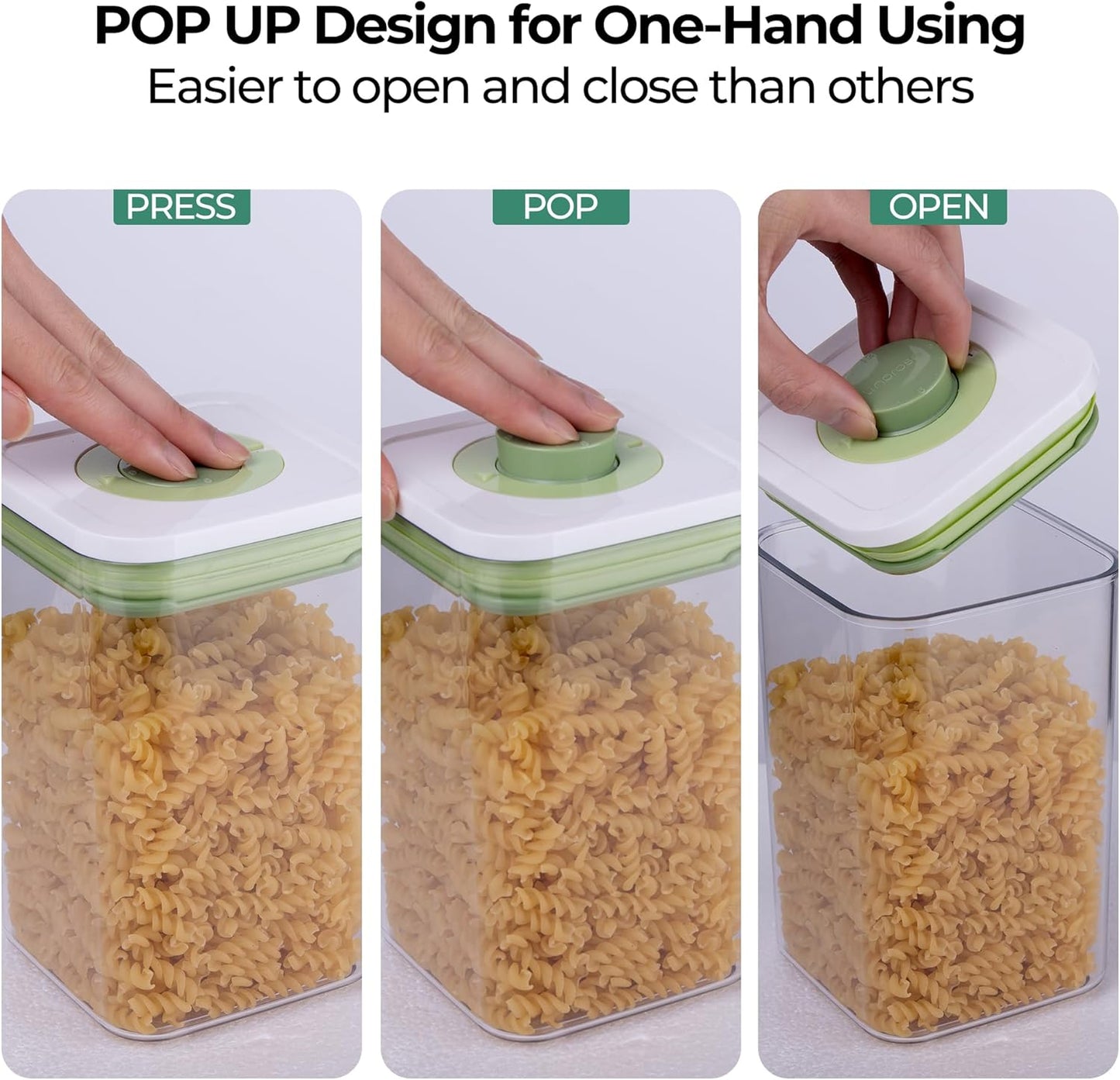 linoroso Set of 4 Pop Airtight Food Storage Containers with Date Recording Lids, Stackable Plastic Kitchen Storage Containers, Dry Cereal Container Set for Pantry Countertop Fridge Organization