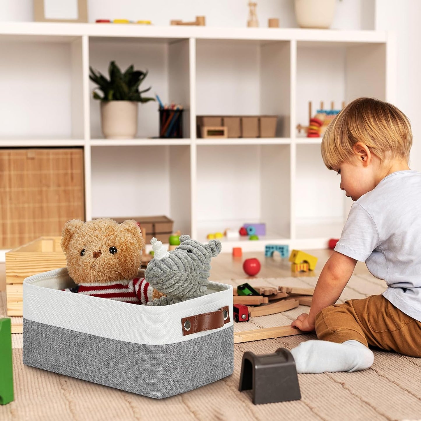 DULLEMELO Storage Baskets for Shelves, Small Fabric Storage Bins with Handles, Decorative Foldable closet storage baskets for organizing shelves(White&Grey, 2 Pack)