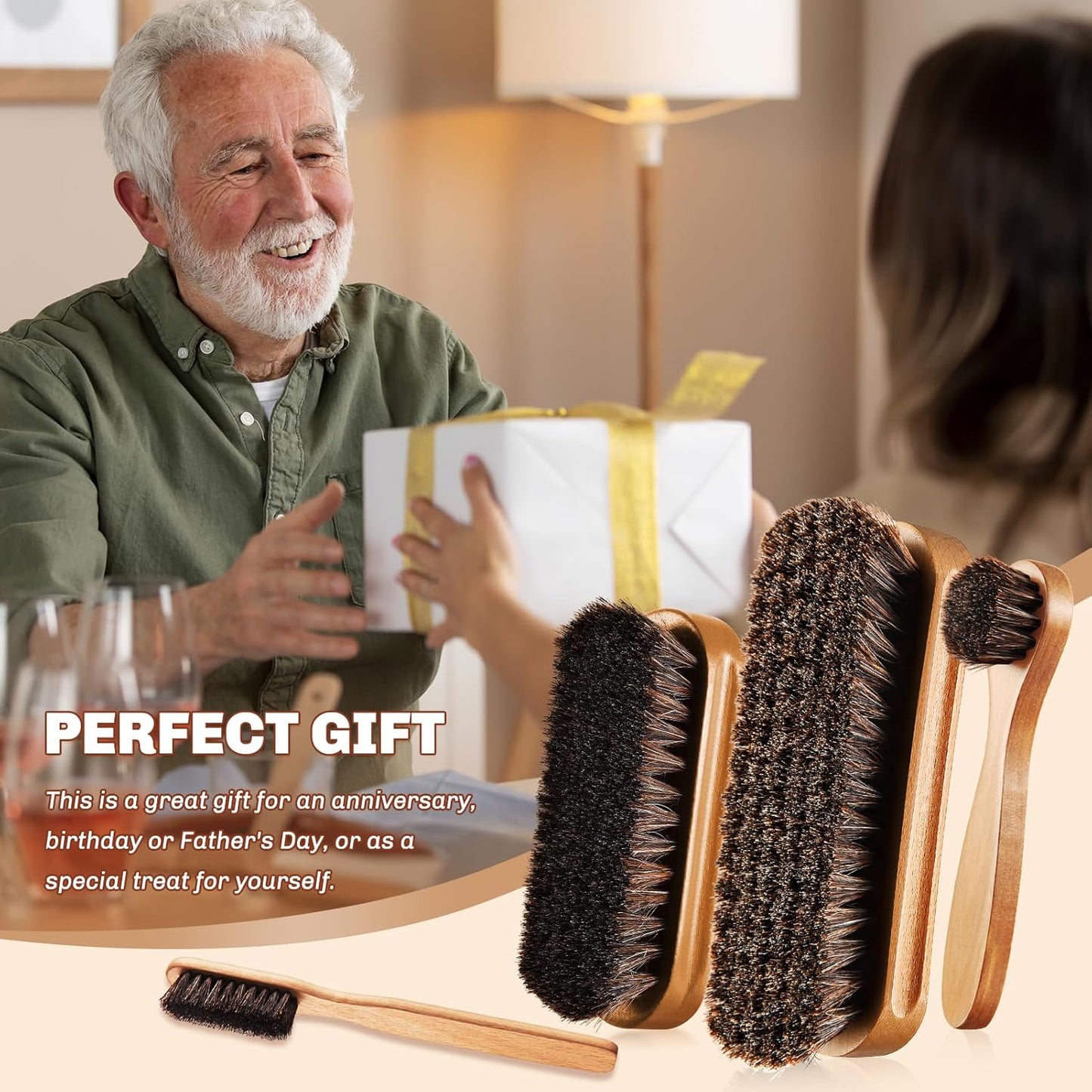 4 Pcs Horsehair Shine Shoes Brush Kit Polish Dauber Applicators Cleaning Leather Shoes Boots Care Brushes Suede Cleaner Brush with Microfiber Shoe Cloth(Wooden Style A)