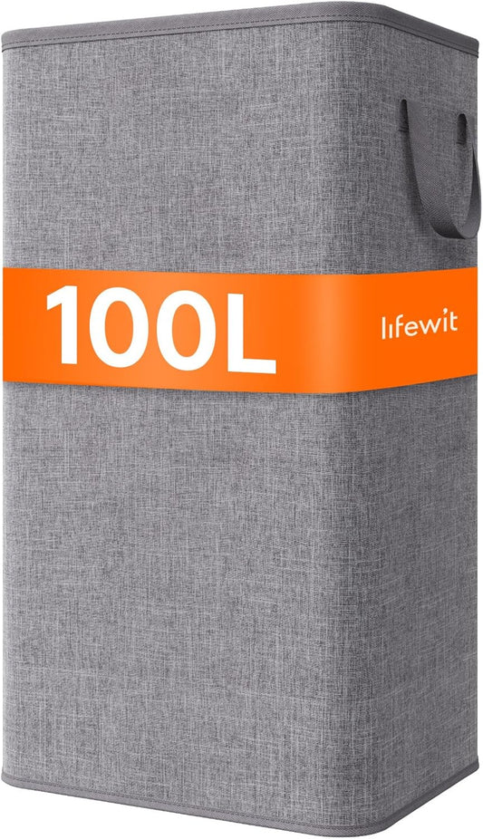 Lifewit 100L Large Tall Laundry Hamper, Collapsible Laundry Basket with Handles, Foldable Clothes Hampers for Laundry, Portable Dirty Clothes Hamper for Dorm College Bedroom Bathroom, Light Gray