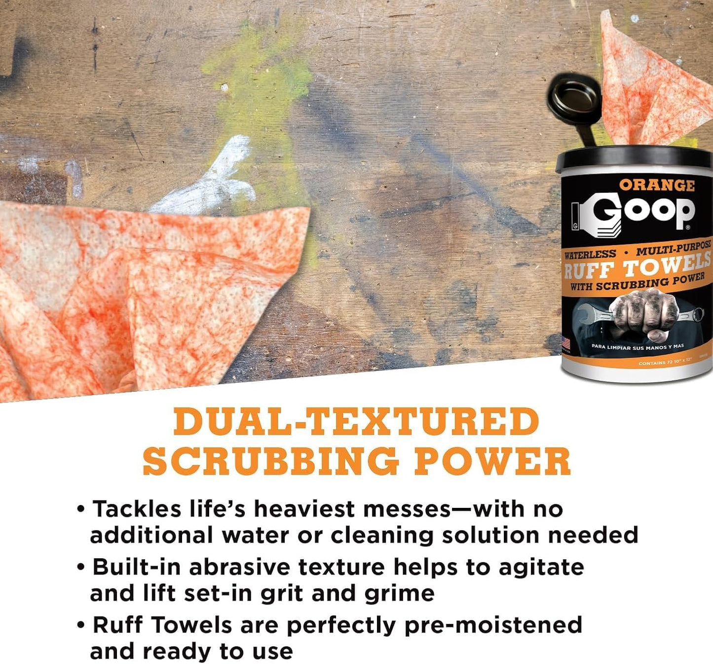 GOOP Heavy Duty Ruff Towels with Scrubbing Power, 10” x 12” Dual Textured Multi-Purpose Cleaning Wipes, Removes Dirt, Grease, Oil - 6 Pack