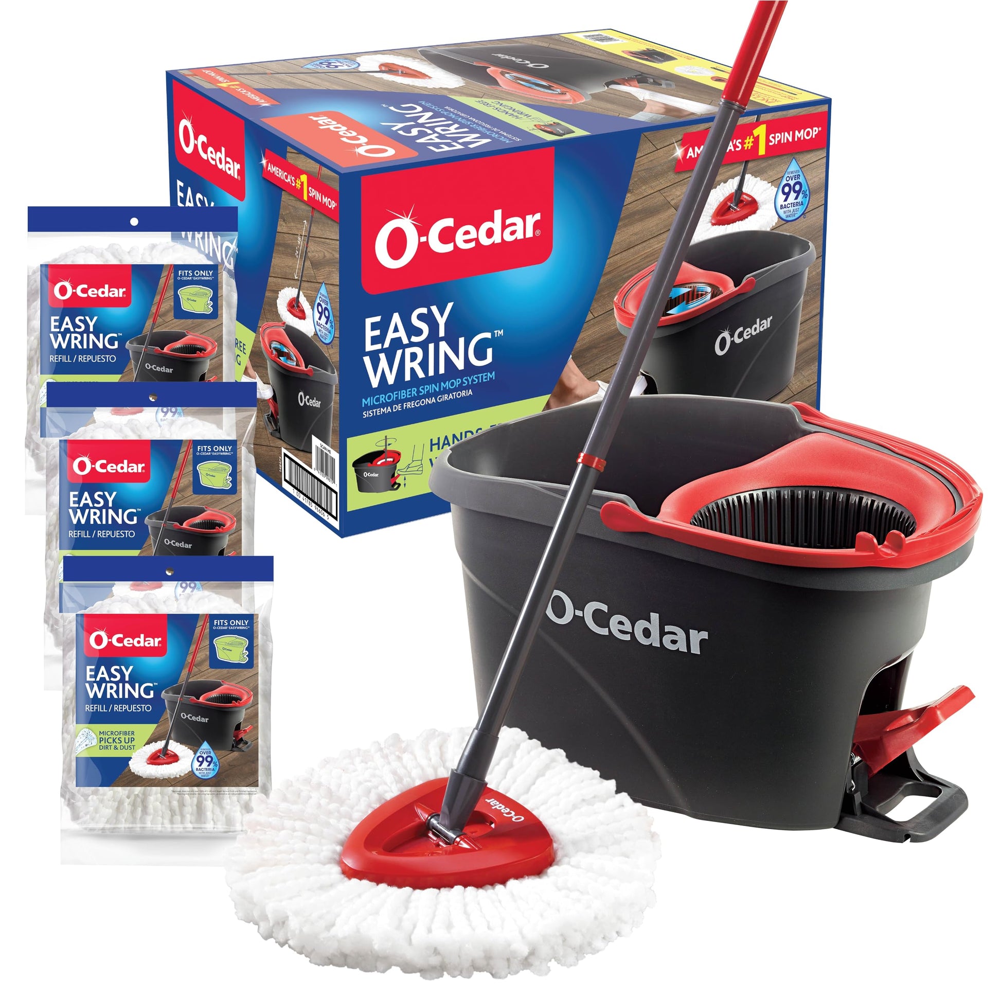 O-Cedar Easywring Microfiber Spin Mop & Bucket Floor Cleaning System + 3 Extra Refills (4 Refills
