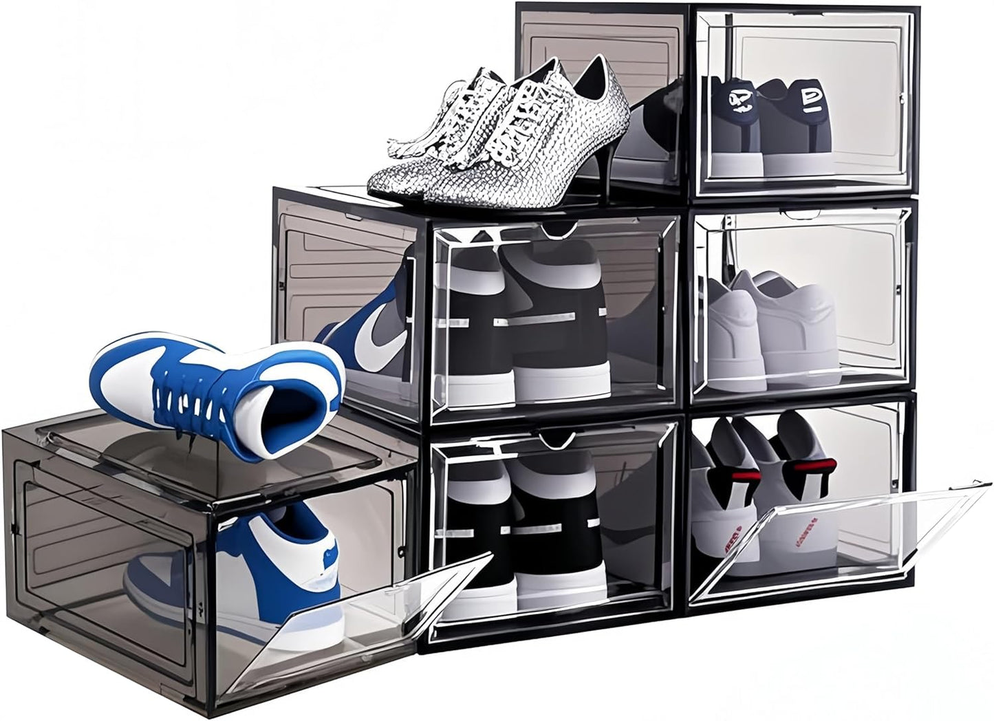 Upgraded Shoe Storage Organizer 6 Pack Clear Plastic Stackable Shoe Box with Magnetic Door Sneaker Hats Display Case Fit Up to US Size 13