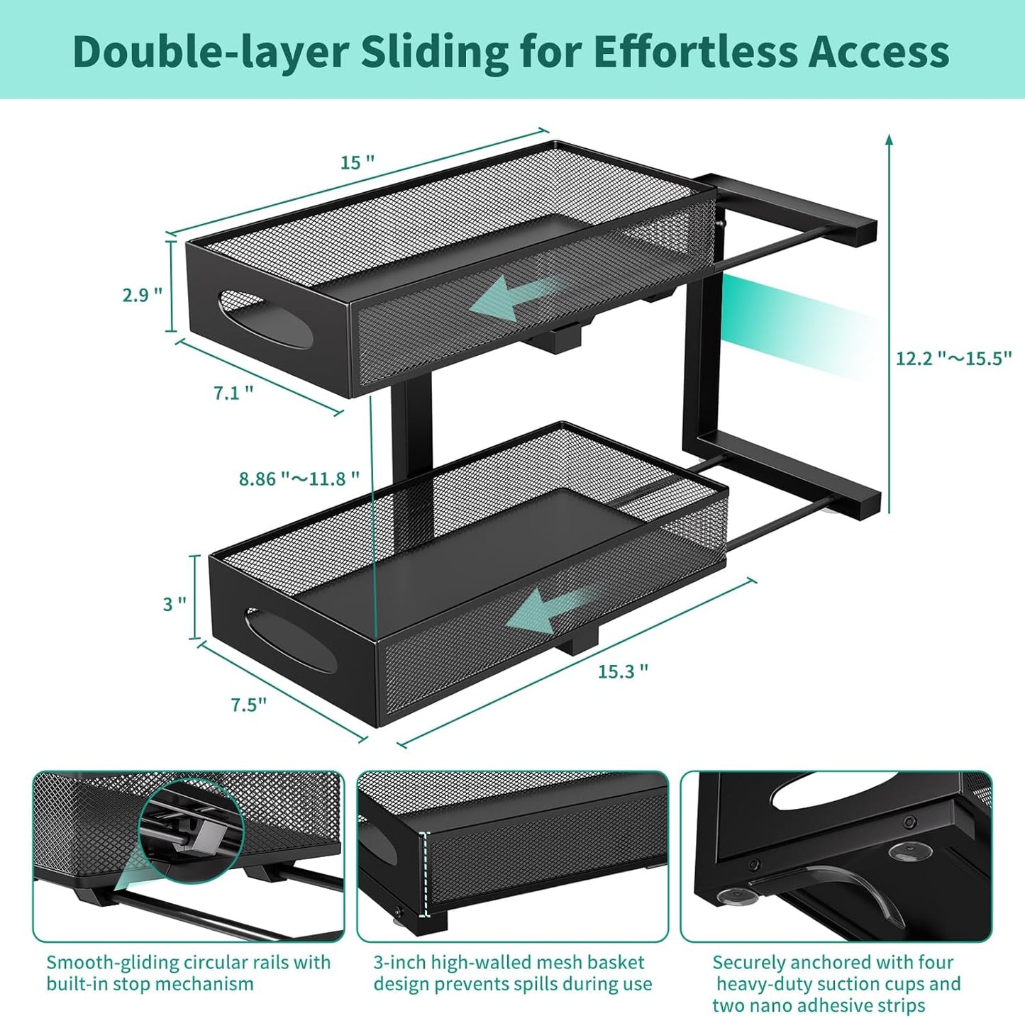 Under Sink Organizer, 1-Pack of 2-Tier Metal Slide Out Pull Out Cabinet Organizer Shelf, Height Adjustable Organization and Storage Series, Bathroom/Desktop/Cabinet/Kitchen organization, Black