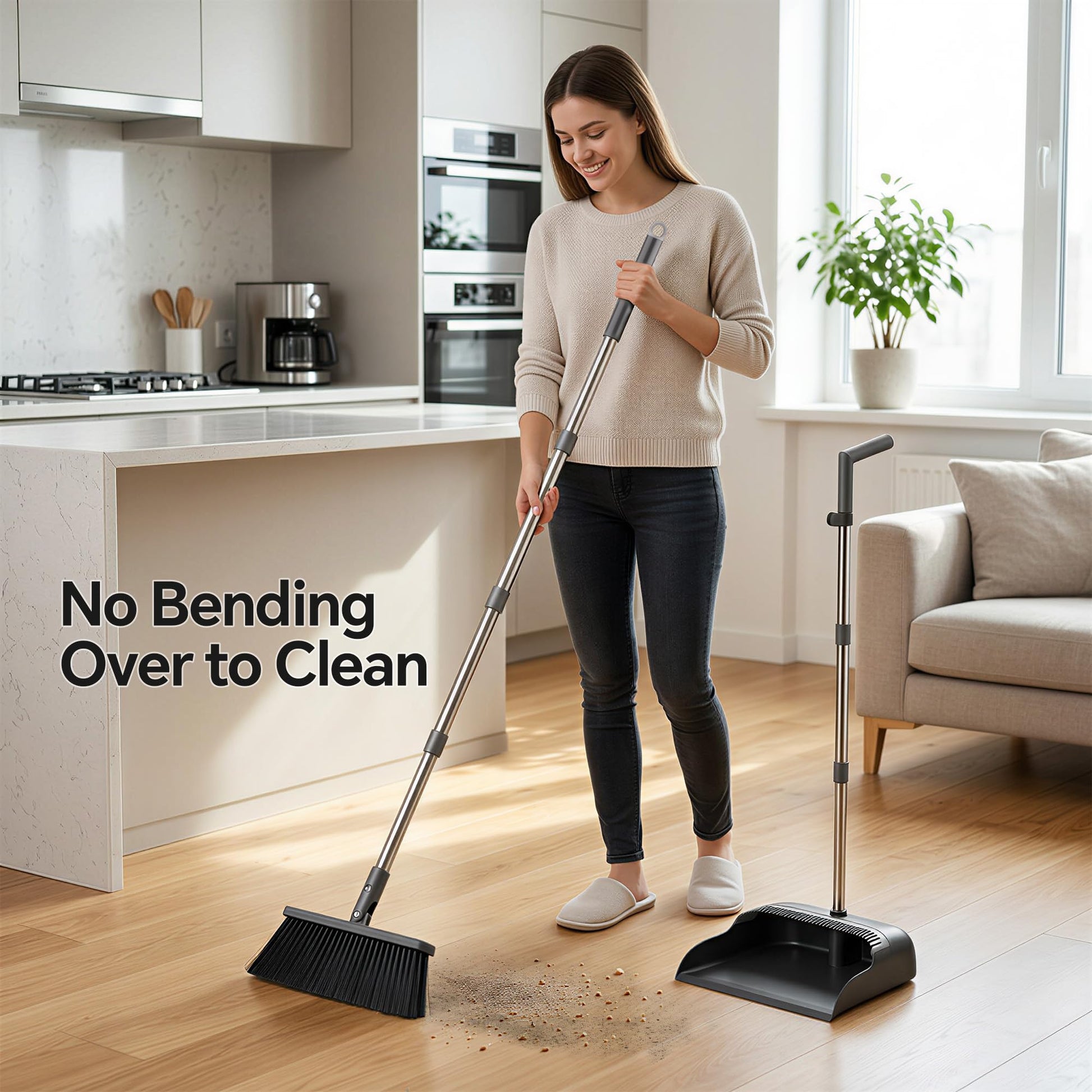 POPMOP Broom and Dustpan Set, 52" Long Handle with Dust Pan Teeth, Black
