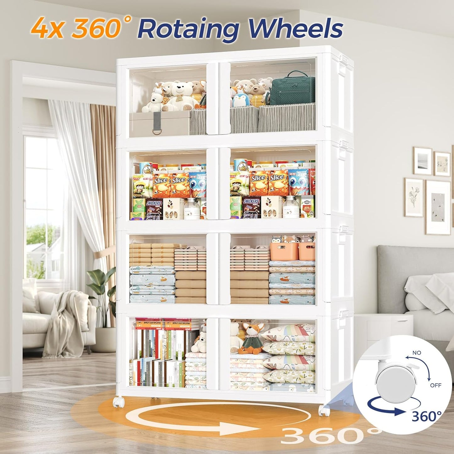 250GAL Large Stackable Storage Bins with Lid and Wheels, 1000Qt Collapsible Organizer Cabinet with Clear Door, for Closet, Bedroom, Kitchen, Garage, 5-Pack White